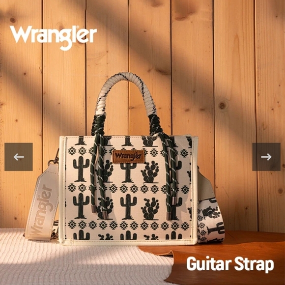 Wrangler NWT Southwestern Print Rope Handle Tote Bag In Cream & Green Cactus - Picture 2 of 11